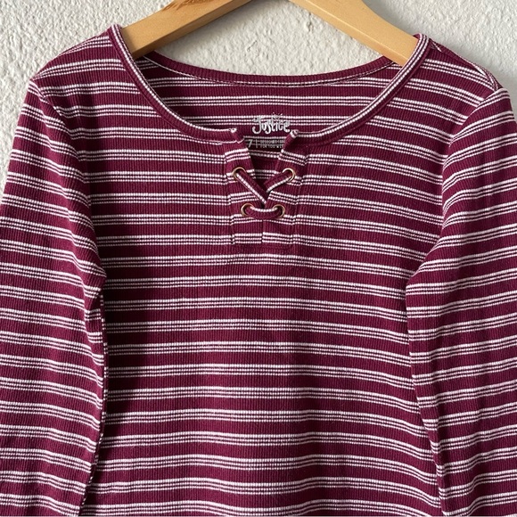 Justice Striped Top Girls 7 Maroon White Lettuce Edge Long Sleeve Shirt - Picture 2 of 7